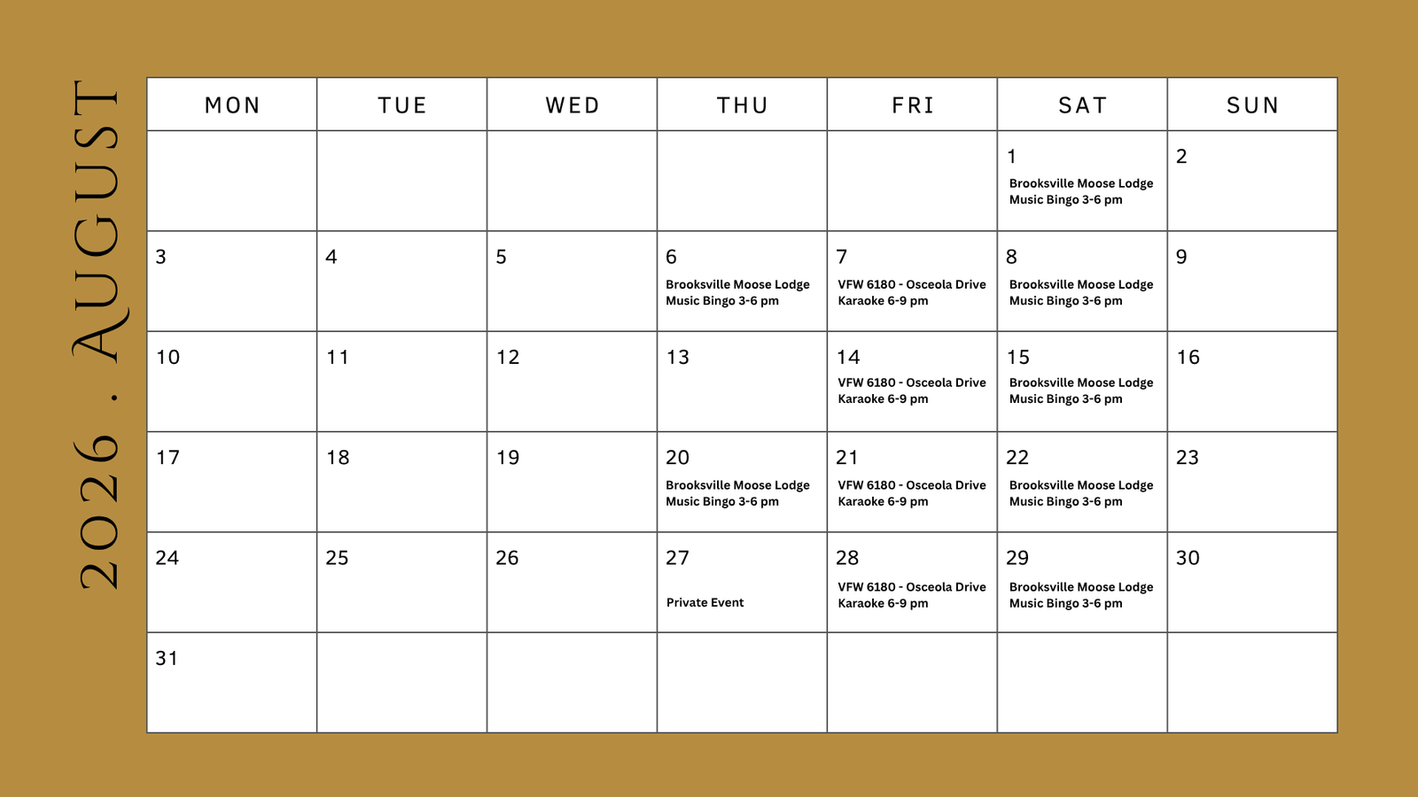 Calendar of August Events
