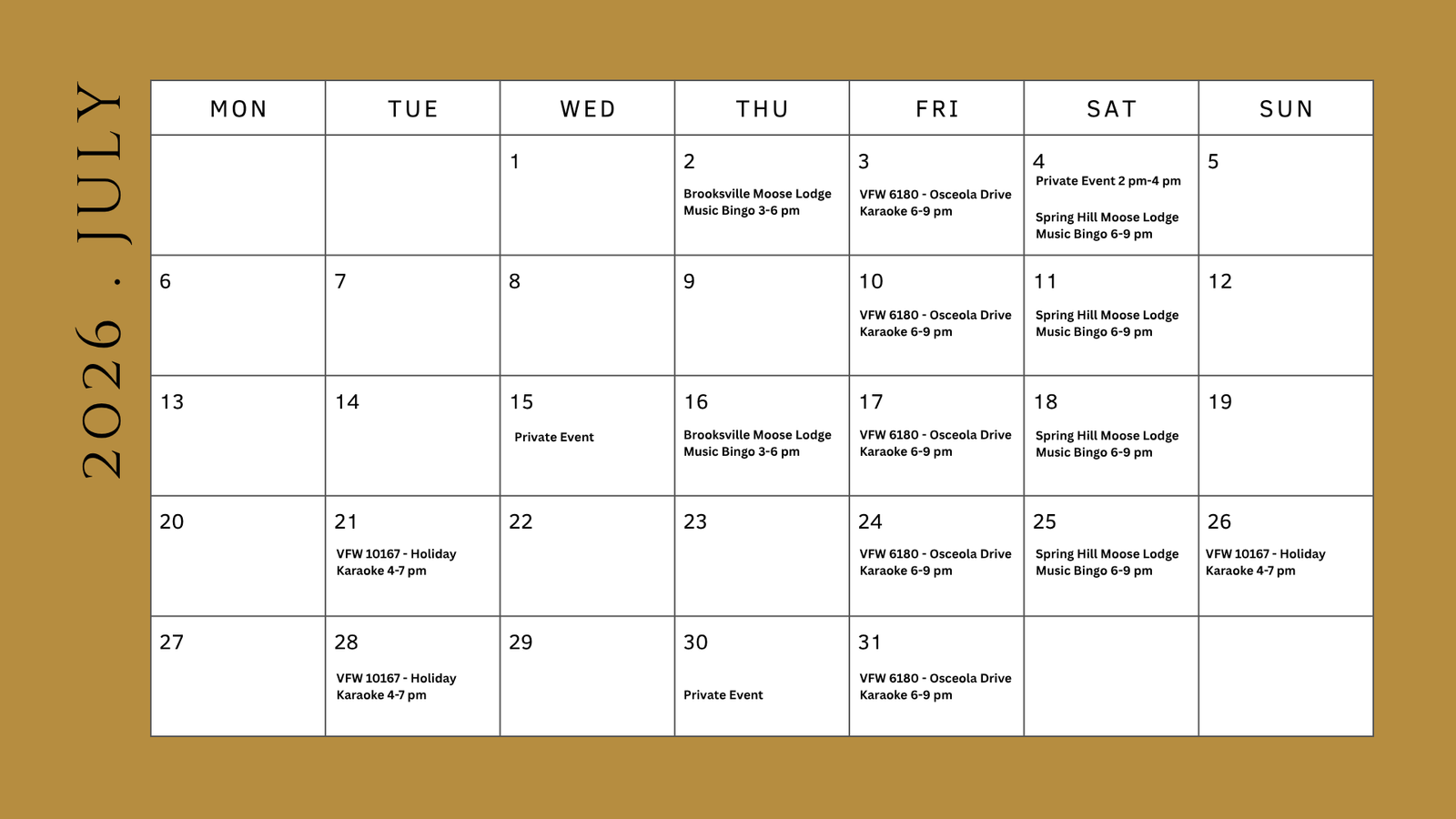 July Calendar of Events