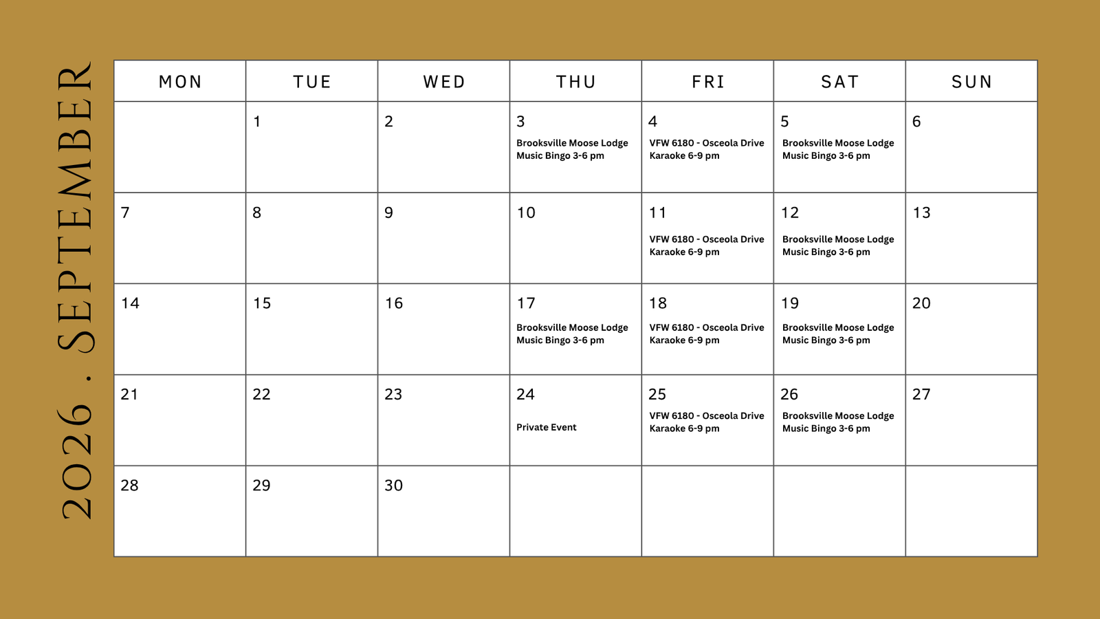 Calendar of September Events
